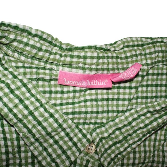 Woman Within Sz 5XL Green White Checkered Short Sleeve Button Down Casual Shirt - Picture 4 of 7
